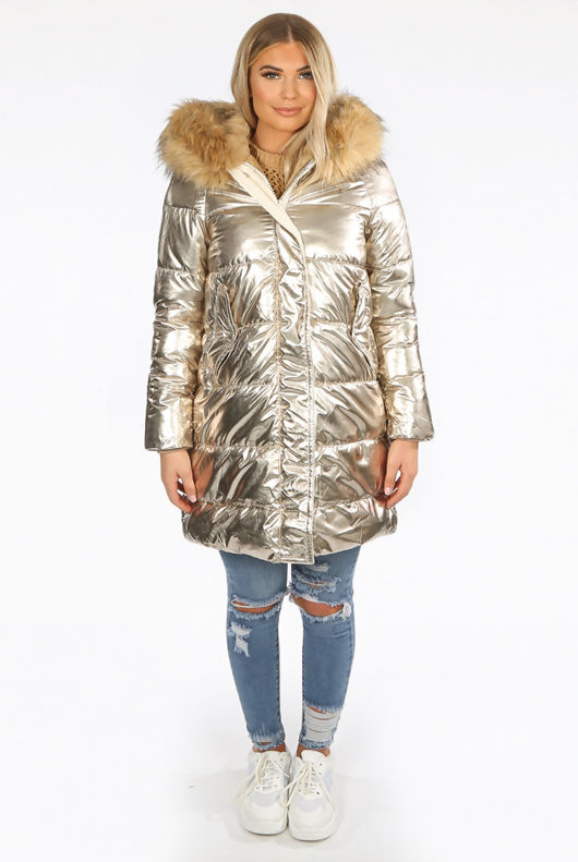 Gold Foil Puffer Coat with Faux Fur Hood