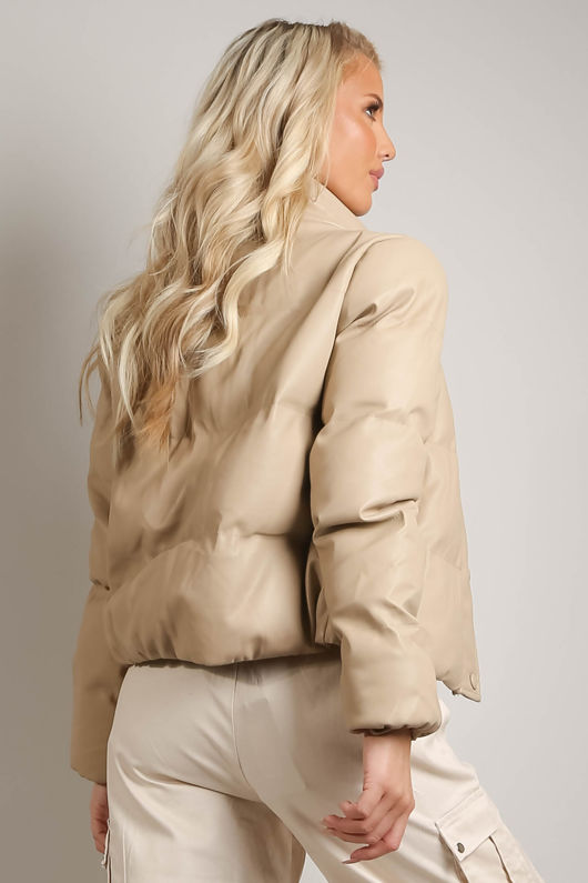 Beige PU Boxy Puffer Jacket