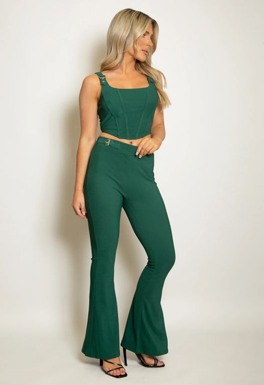 Green Corset Top And Flare Trouser Set