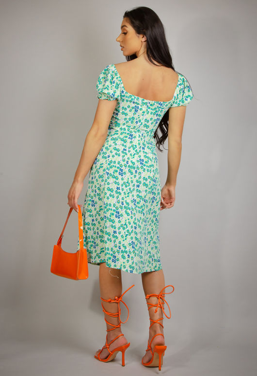 Green Printed Milkmaid Midi Dress