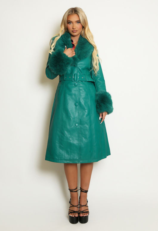 Green Faux Fur Trim Belted Trench Coat 