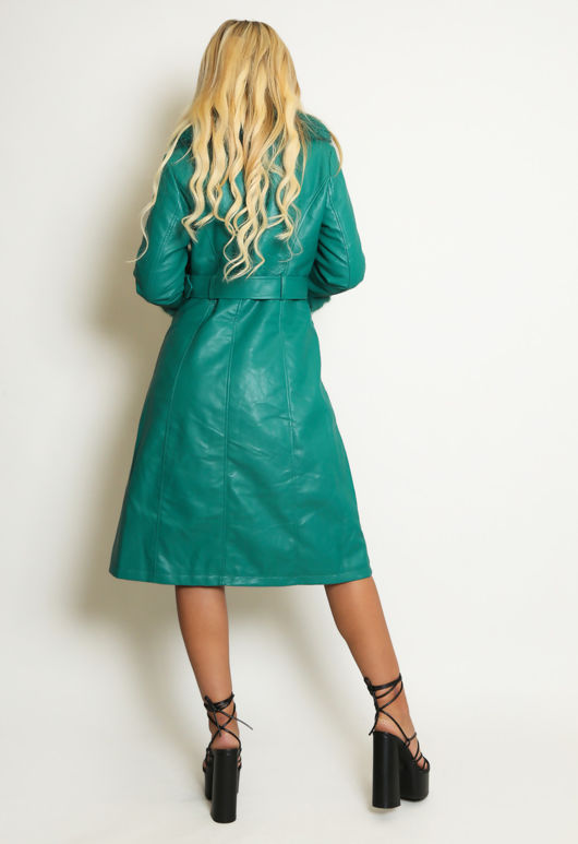 Green Faux Fur Trim Belted Trench Coat 