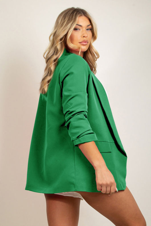 Dark Green Plain Ruched Sleeve Open Blazer