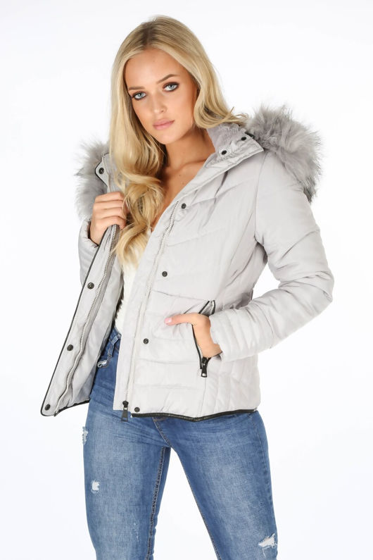 Grey Fur Hood Funnel Neck Jacket