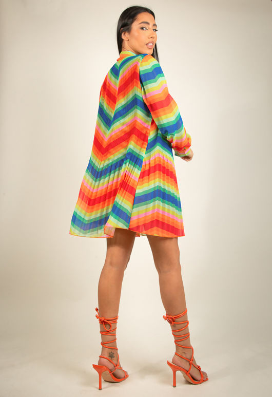 Orange Zig Zag Pleated Trapeze Dress
