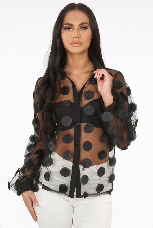 White Mesh Flower Trim Button Up Shirt
