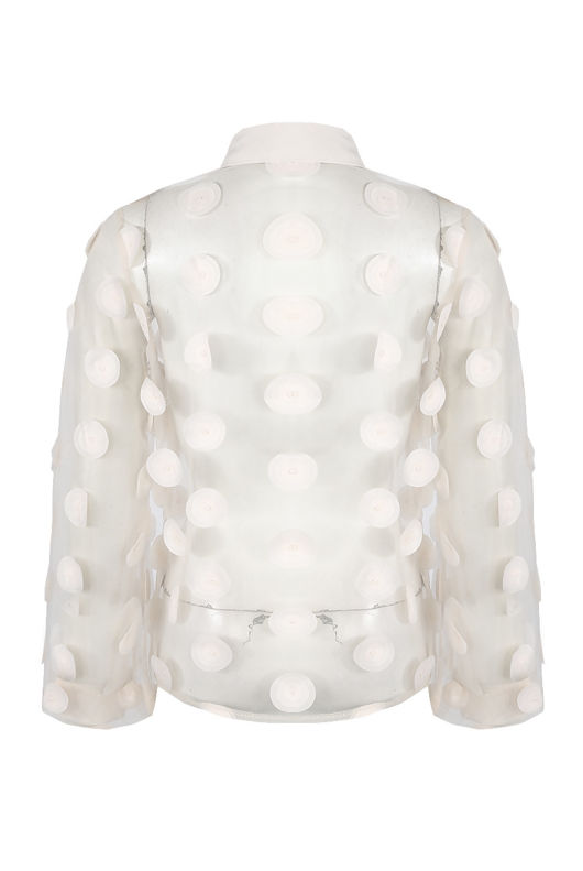 White Mesh Flower Trim Button Up Shirt