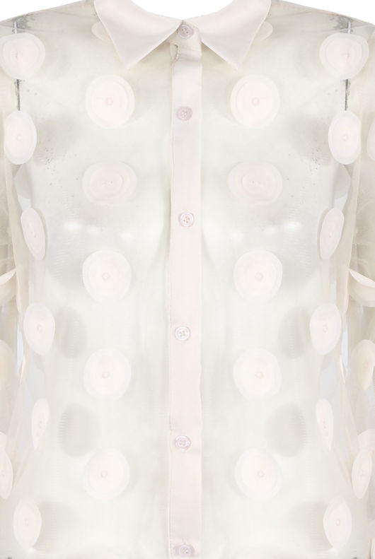 White Mesh Flower Trim Button Up Shirt
