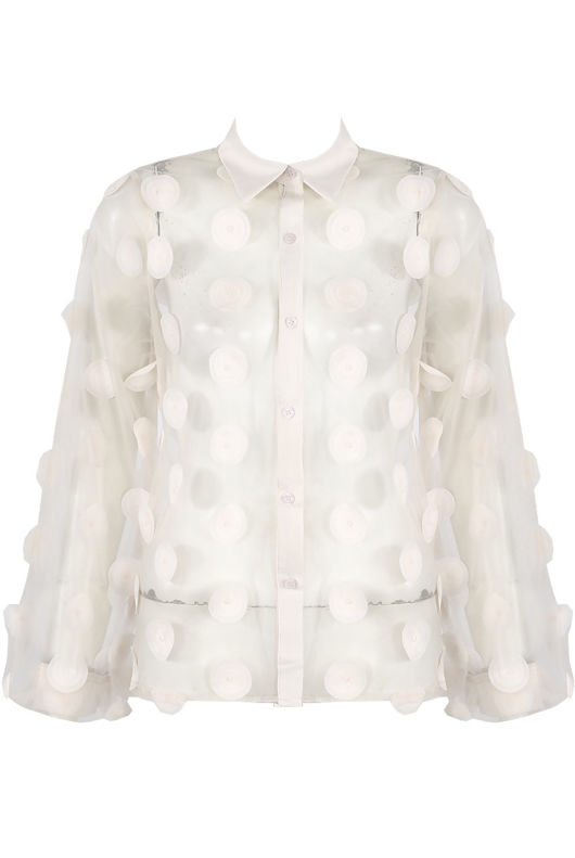 White Mesh Flower Trim Button Up Shirt