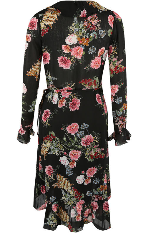 Black Floral Print Wrap Dress