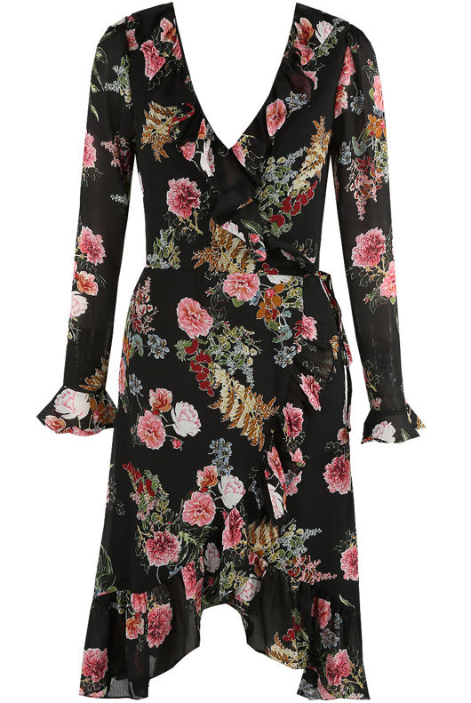 Black Floral Print Wrap Dress