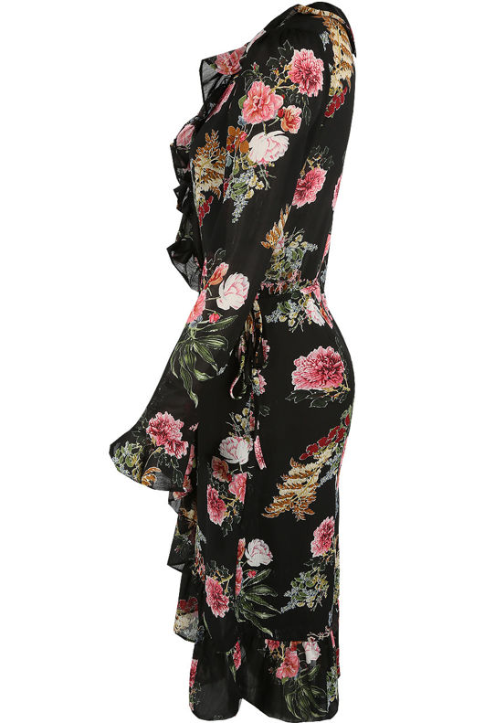 Black Floral Print Wrap Dress