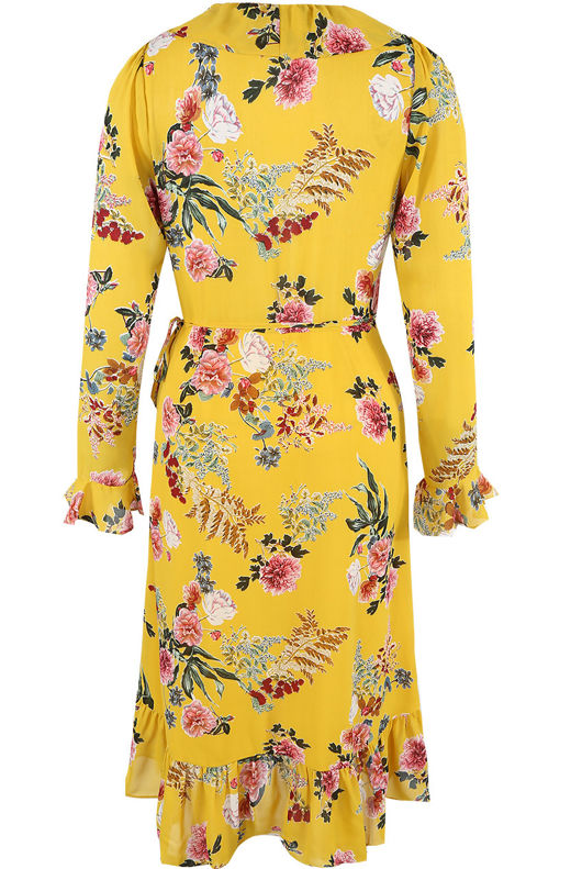 Yellow Floral Print Wrap Dress
