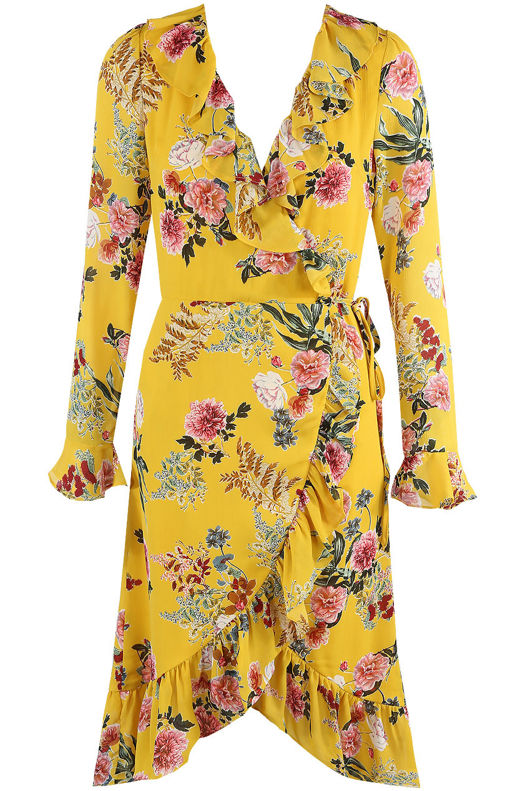 Yellow Floral Print Wrap Dress