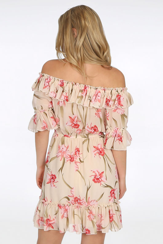 Beige Floral Bardot Day Dress