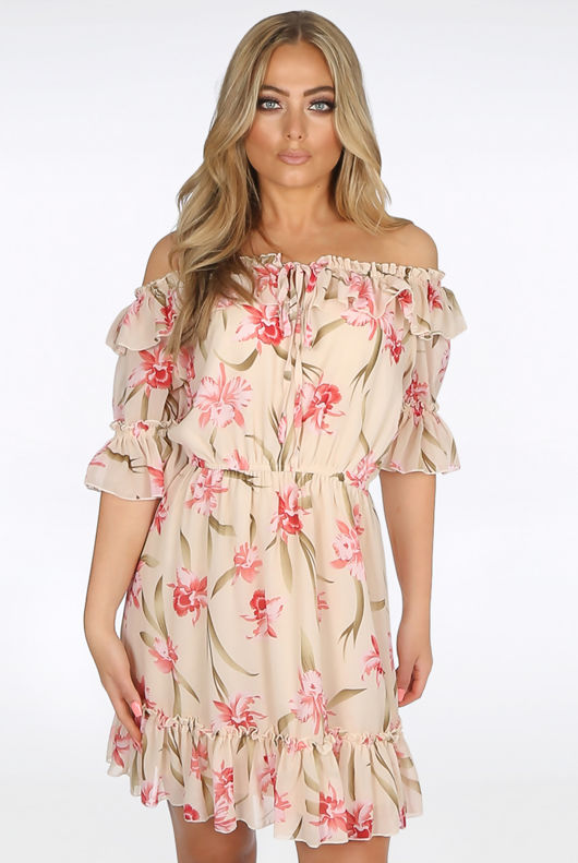 Beige Floral Bardot Day Dress