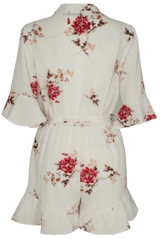 Cream Cross Over Floral Print Playsuit