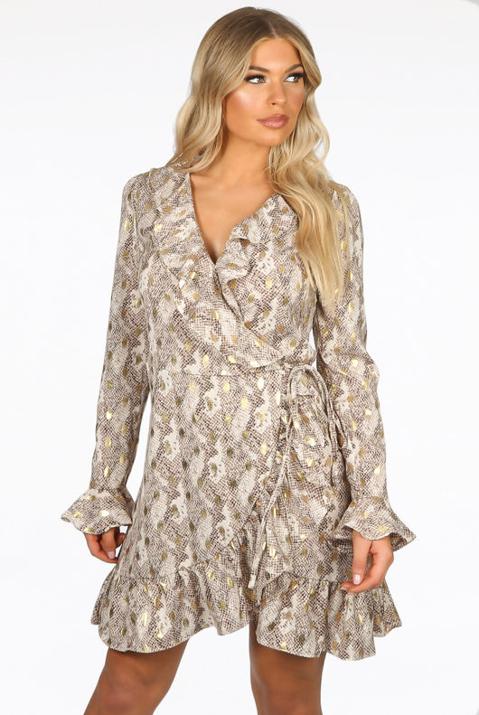 Foil Print Wrap Dress In Beige