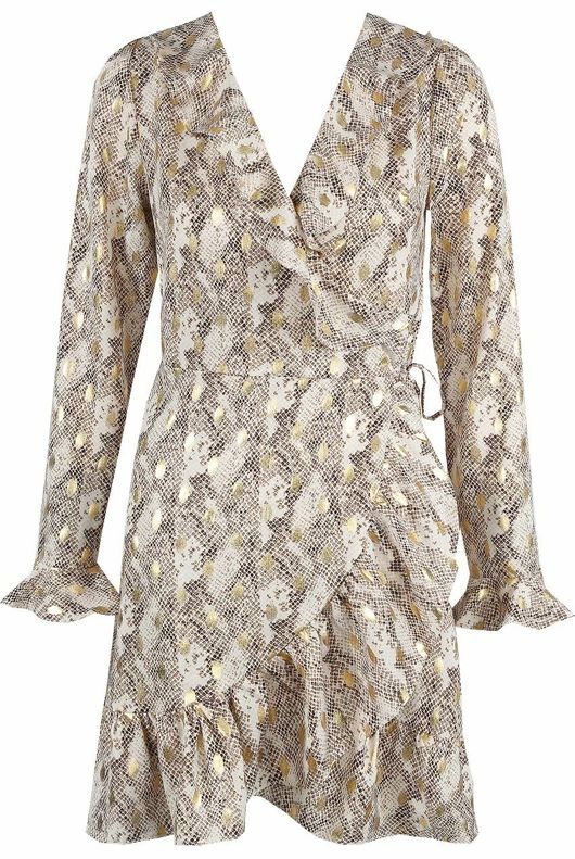 Foil Print Wrap Dress In Beige