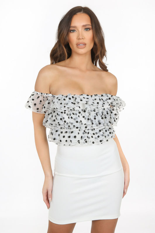 White Organza Trim Off Shoulder Mini Dress