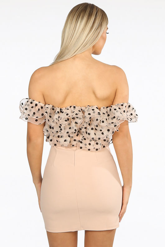 Pink Organza Trim Off Shoulder Mini Dress