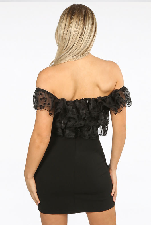 Black Organza Trim Off Shoulder Mini Dress