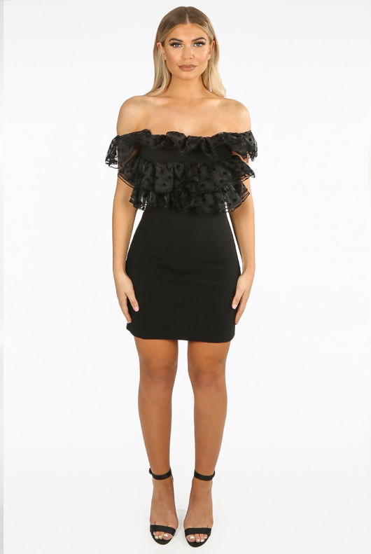 Black Organza Trim Off Shoulder Mini Dress