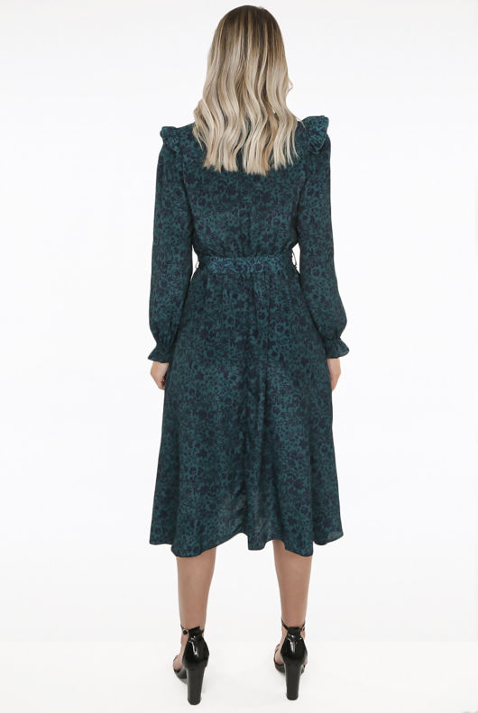 Green Floral Print Front Knotted Midi Dress