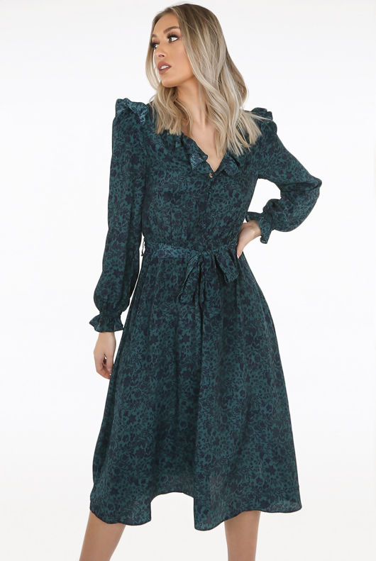 Green Floral Print Front Knotted Midi Dress