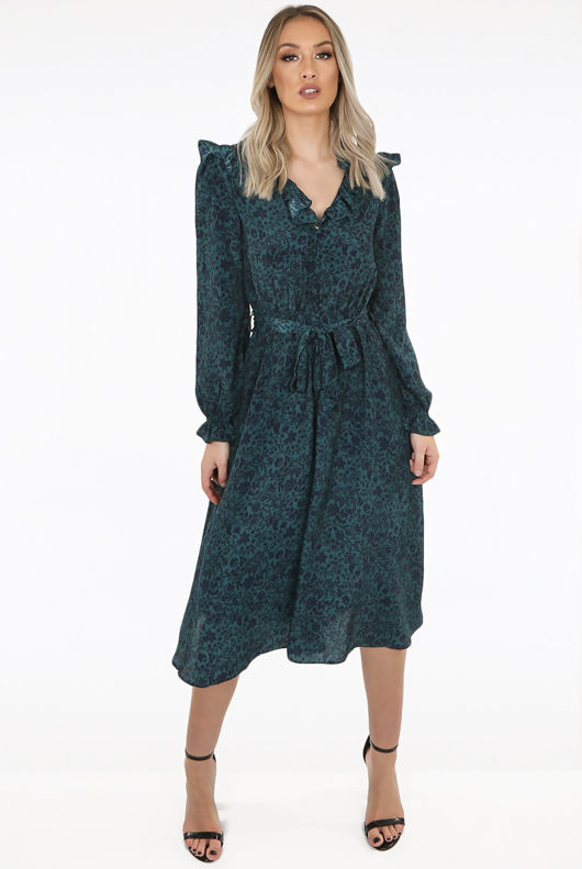 Green Floral Print Front Knotted Midi Dress