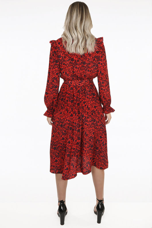 Red Floral Print Front Knotted Midi Dress