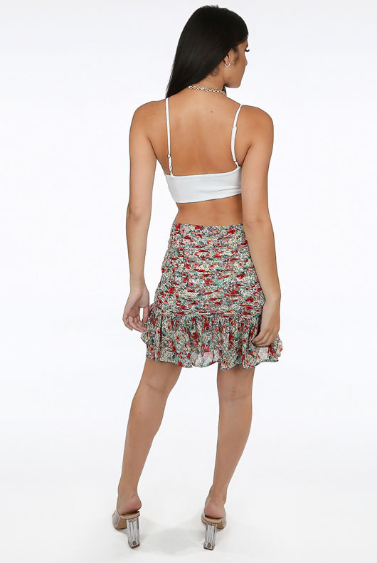White Floral Print Pleated Elasticated Waist Mini Skirt