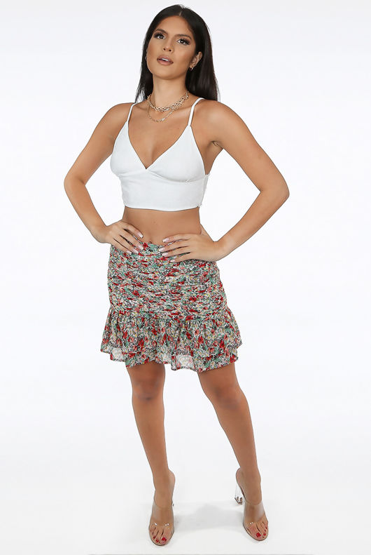 White Floral Print Pleated Elasticated Waist Mini Skirt