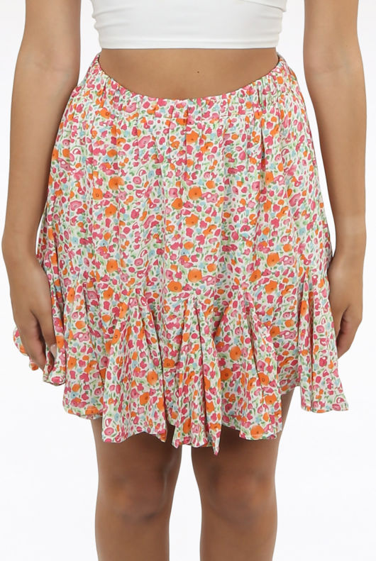 Cream Flower Print Elasticated Waist Mini Skirt