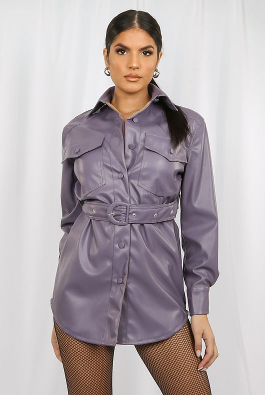 Lilac Faux Leather Pocket Detail Shirt Dress