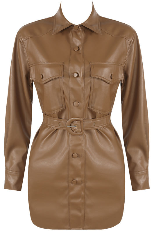Brown Faux Leather Pocket Detail Shirt Dress