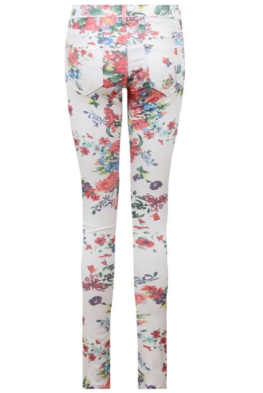 Cream With Red Flower Print Detail Jeans