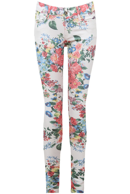 Cream With Red Flower Print Detail Jeans