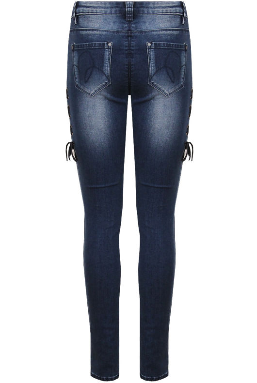 Blue Denim Side Lace Tie Up Fitted Jeans