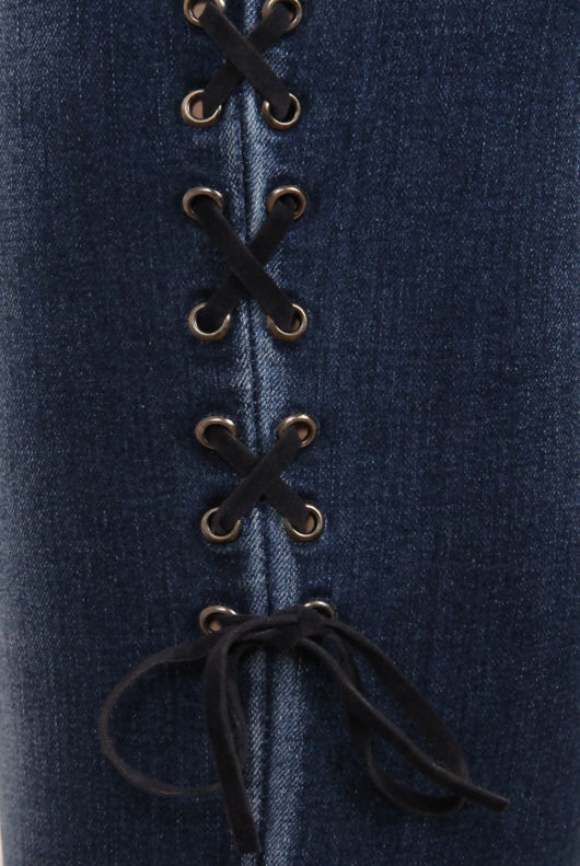 Blue Denim Side Lace Tie Up Fitted Jeans