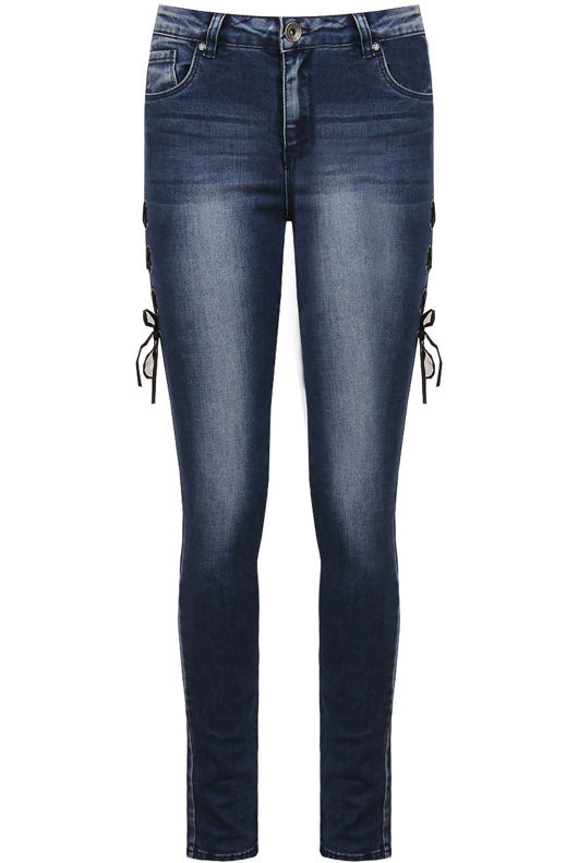 Blue Denim Side Lace Tie Up Fitted Jeans