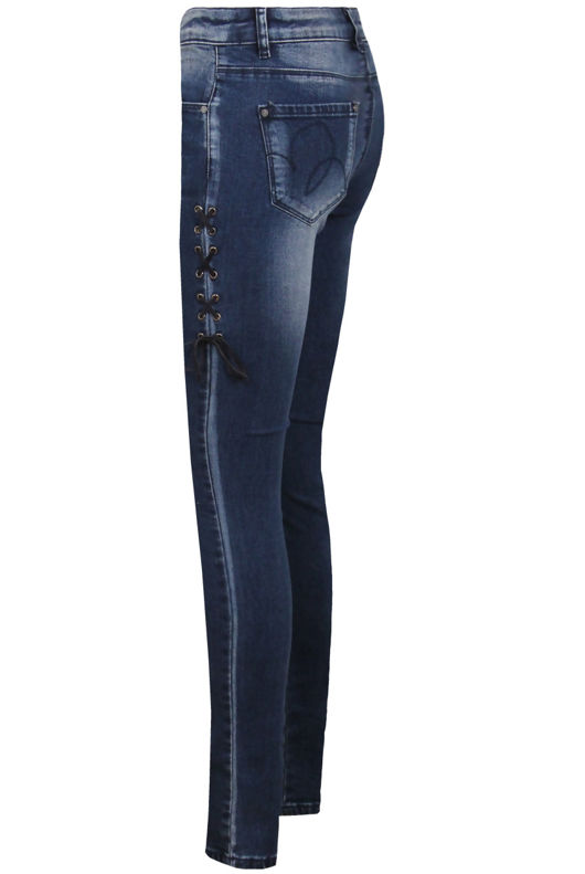 Blue Denim Side Lace Tie Up Fitted Jeans