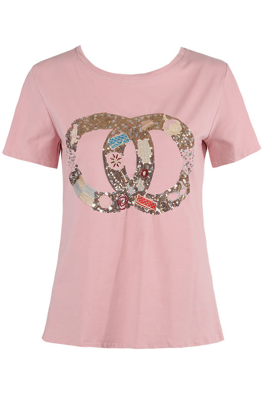 Sequin Trim Round Neck T Shirt