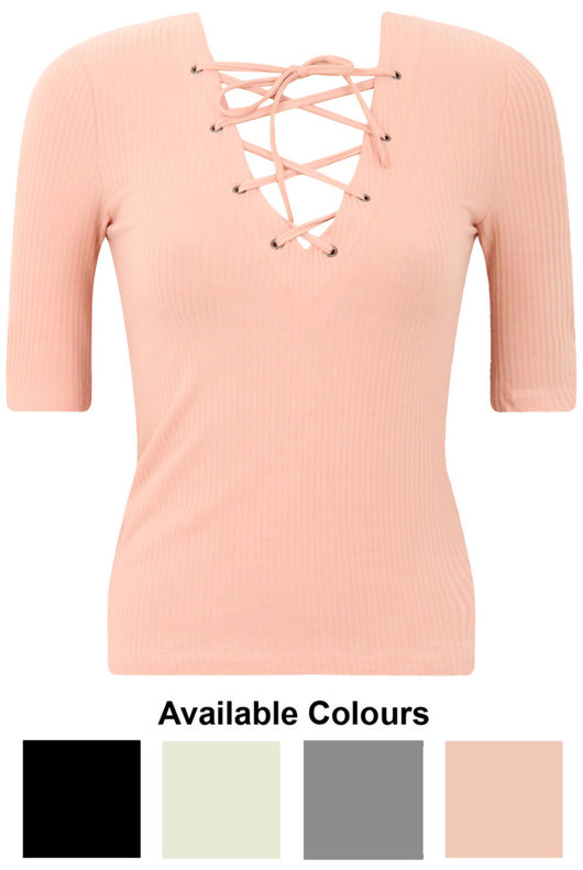 Rose Ribbed Lace Up Fitted T-Shirt