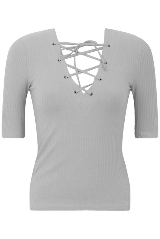 Grey Ribbed Lace Up Fitted T-Shirt