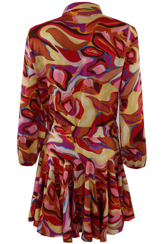 Multicolour Print Belted Flare Shirt Dress