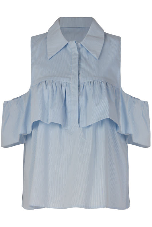 Stripe Frilled Poplin Cold Shoulder Shirt