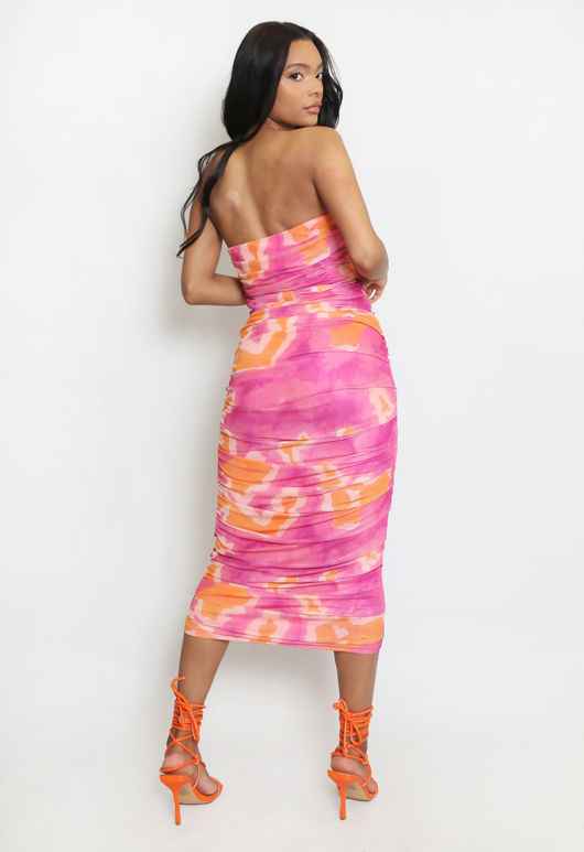 Fuchsia Printed Mesh Overlay Bandeau Dress