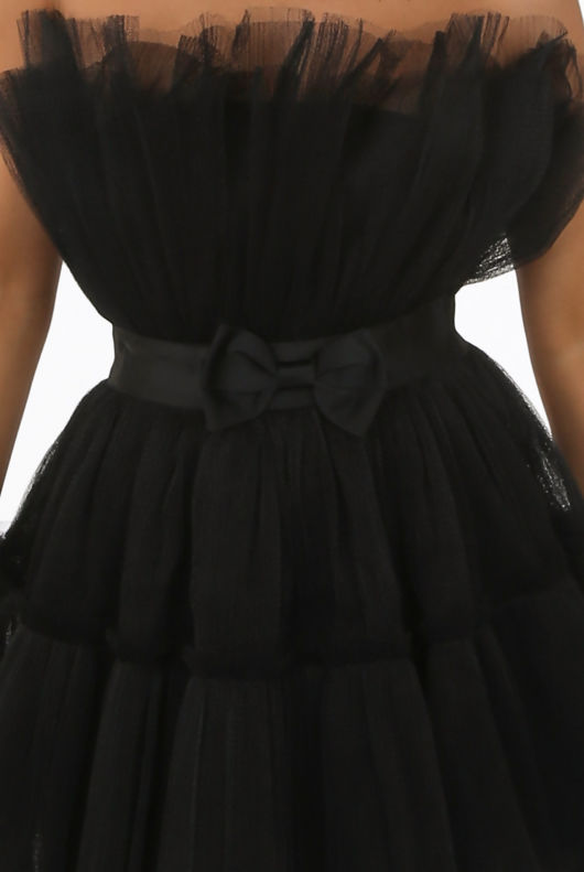 Black Organza Ruffle Bow Mini Dress