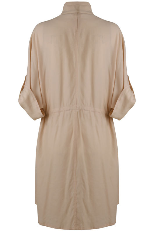 Beige Tie Waist Cross Pocket Shirt Dress